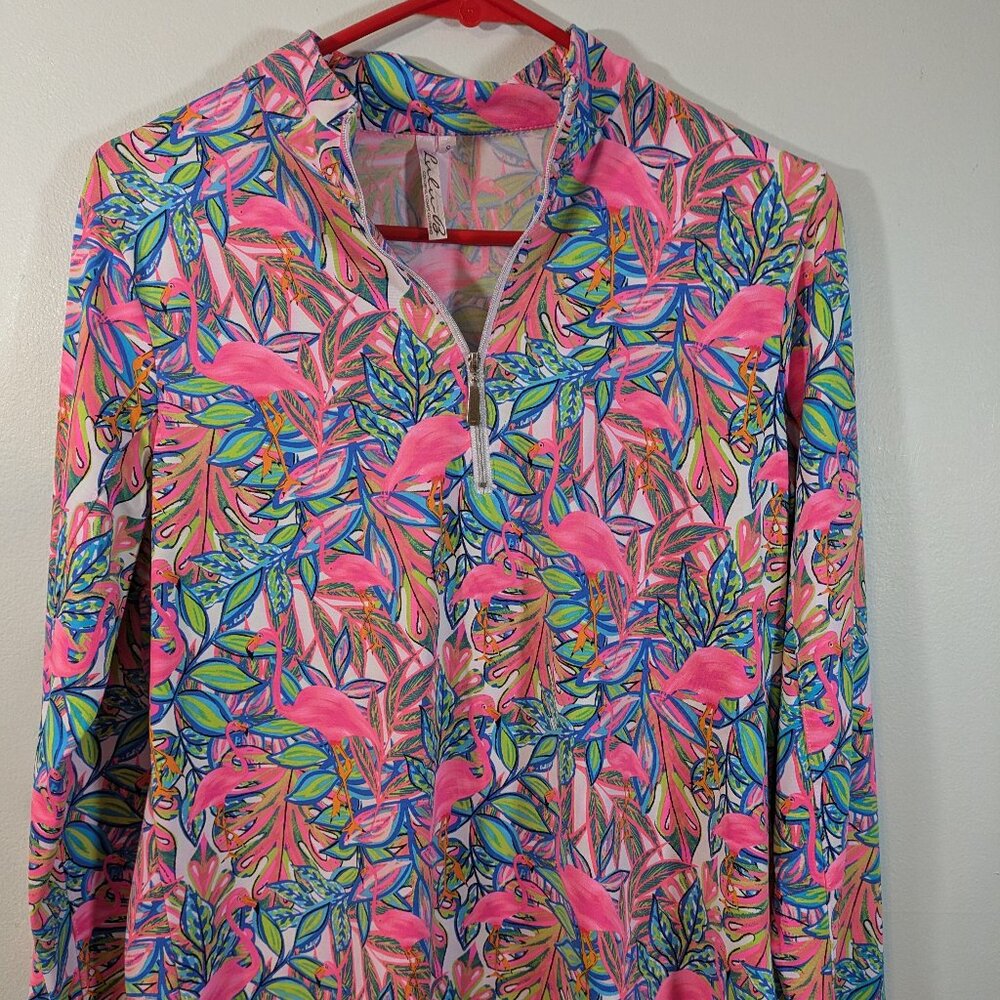Lulu B Womens Zip Pullover Shirt Sun Pink Blue Multicolor Flamingo Print Sz S